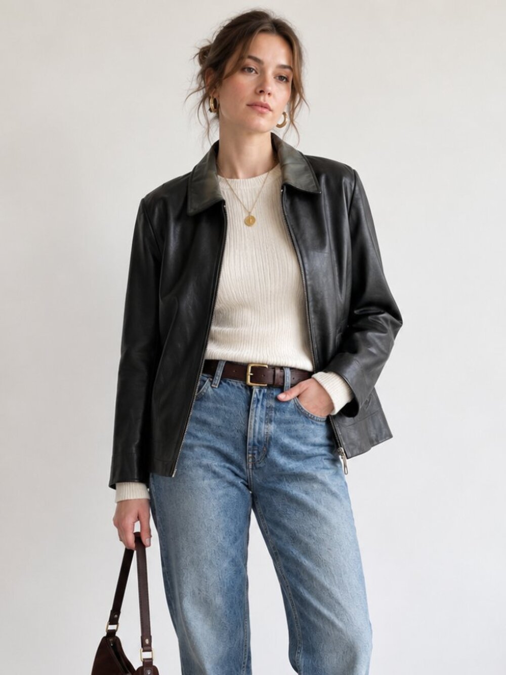 Vintage Mossimo Black Genuine Leather Zip Front Jacket Coat S